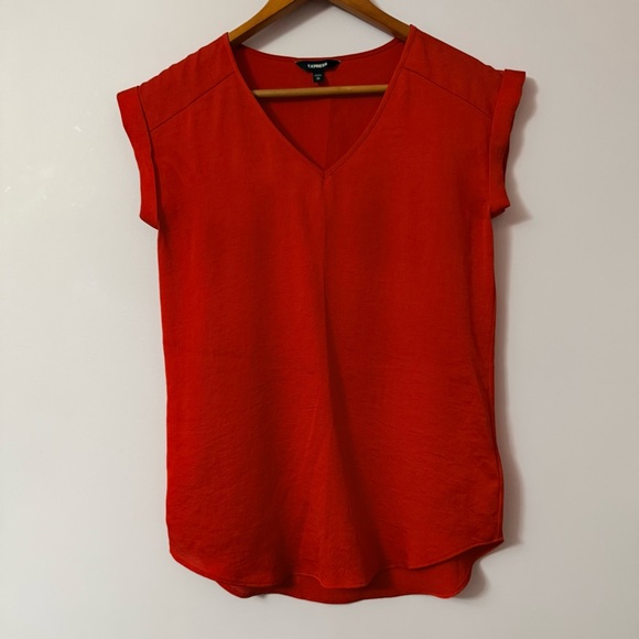 Express Bright Red V-Neck Cap Sleeve Tee - Picture 4 of 6